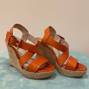 MICHAEL Michael Kors Giovanna Orange Leather Wedge Sandals with Braided Sisal